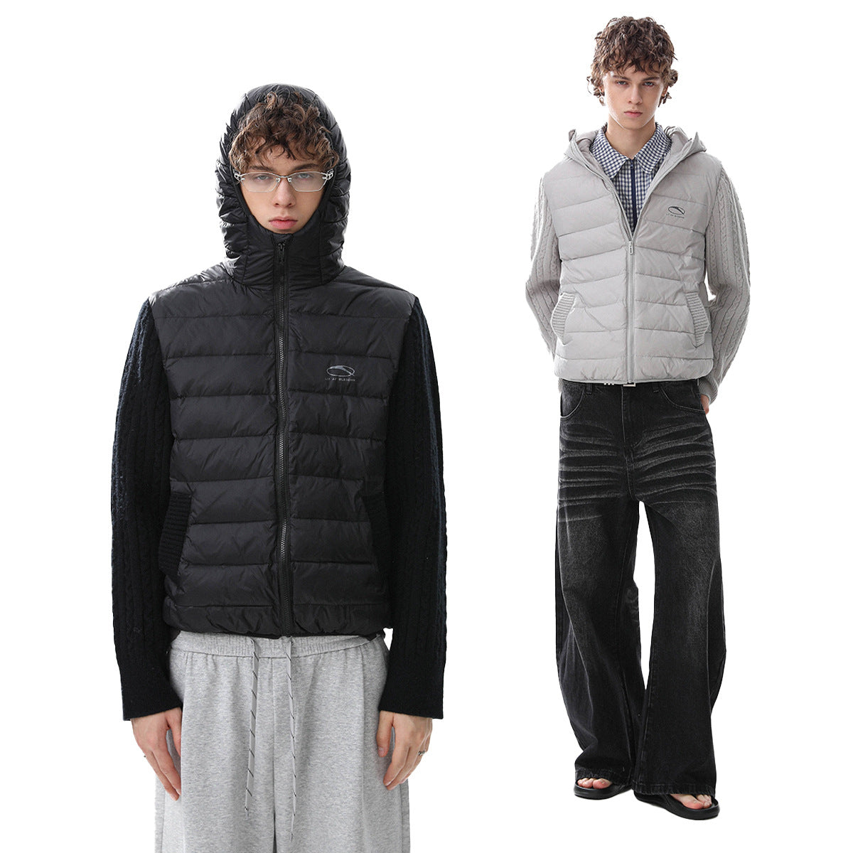Hooded Puffer Vest Cable-Knit Sleeve Down Jacket – Retro Spliced Outerwear