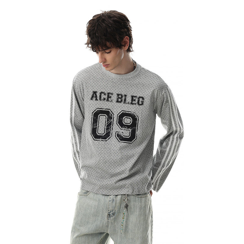 Men's Long Sleeve Tee Shirts – ACE BLEG 09 Varsity Number Polka-Dot Stripe Top
