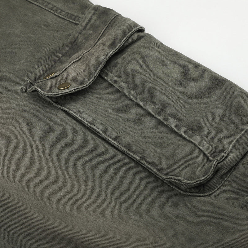 Wide-Leg Cargo Pants – Washed Denim Multi-Pocket Straight-Cut Trousers