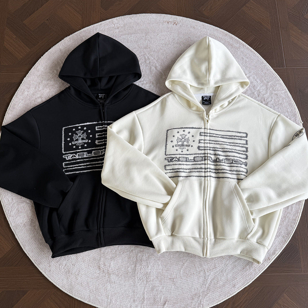 Herren-Zip-Hoodie mit Vintage-Flaggengrafik – Distressed-Kreuzprint
