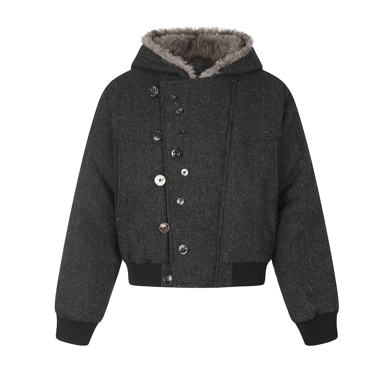 Hooded Bomber Jacket with Faux Fur Trim & Double-Button Front