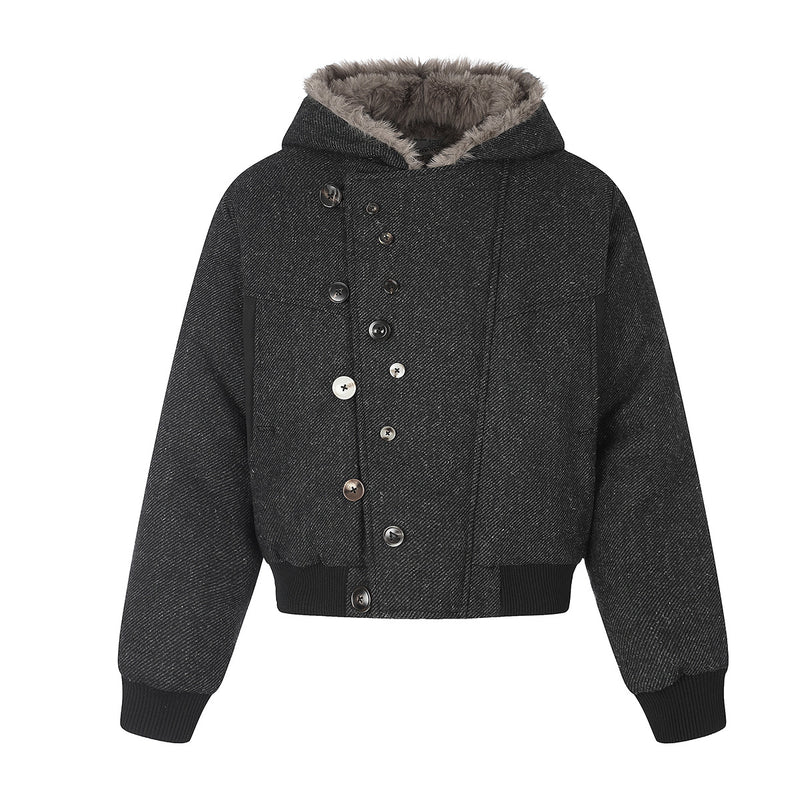 Hooded Bomber Jacket with Faux Fur Trim & Double-Button Front