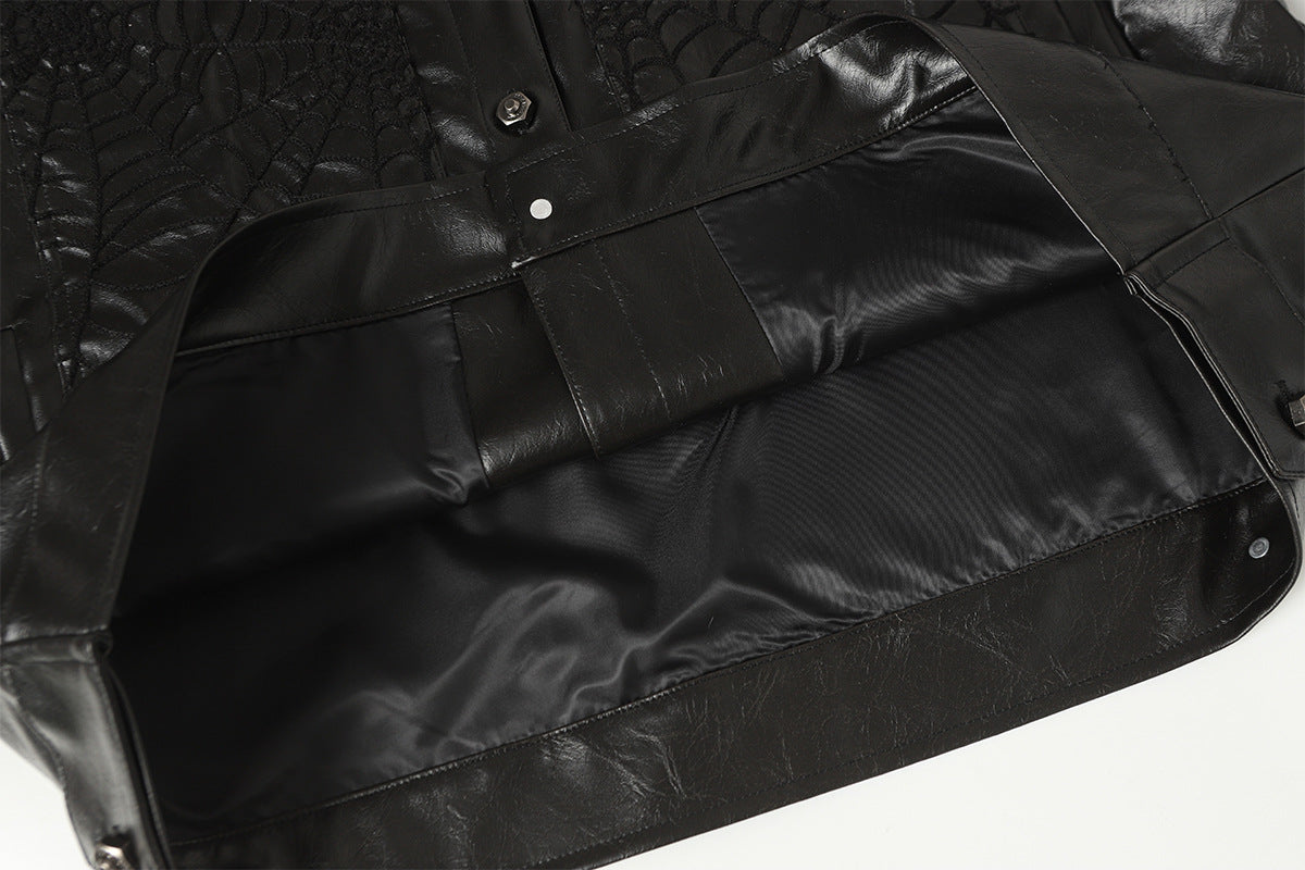 Spiderweb Embroidered PU Leather Jacket – Oversized Moto Fit