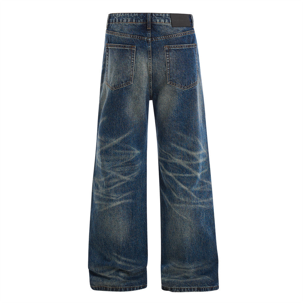 Wide-Leg Washed Distressed Jeans – Men's Vintage American Streetwear