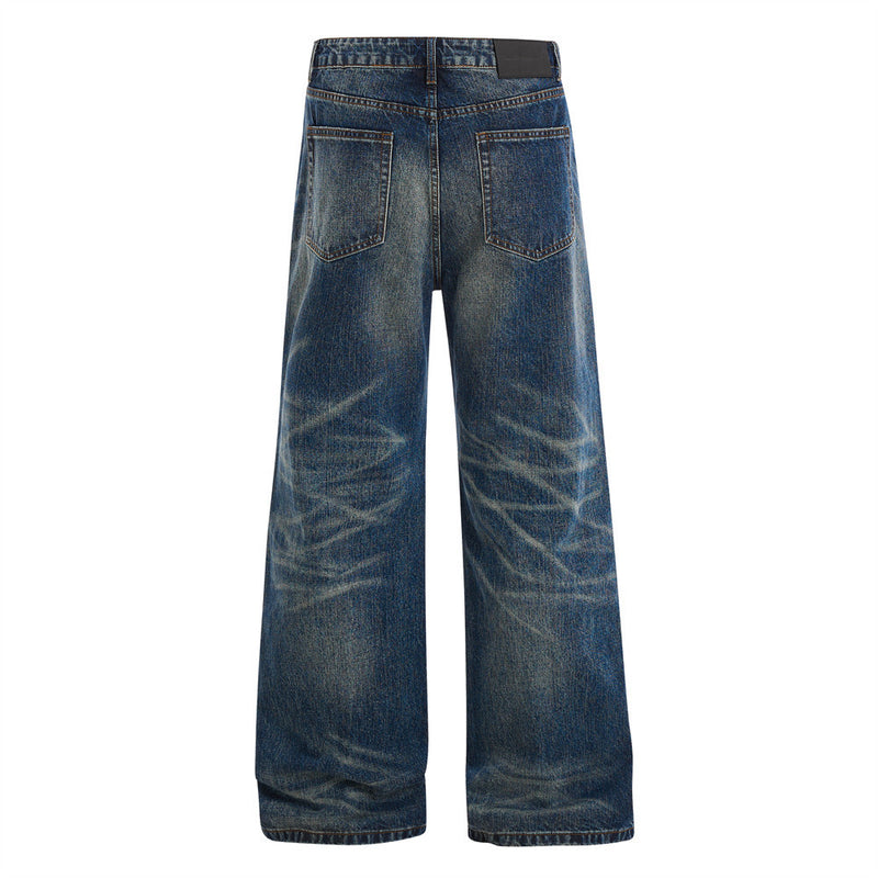 Wide-Leg Washed Distressed Jeans – Men's Vintage American Streetwear