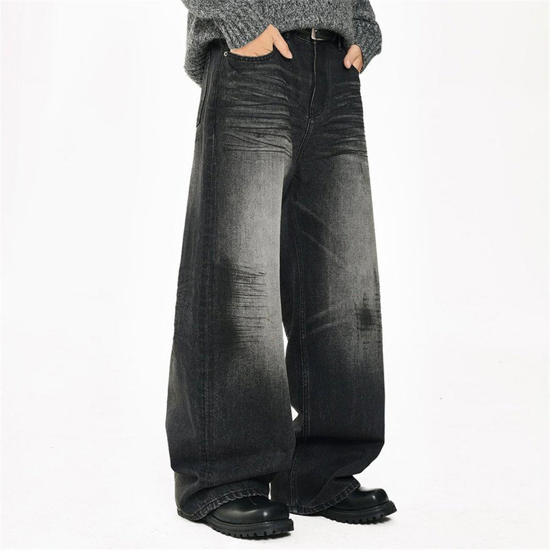 Wide-Leg-Baggy-Jeans – Verwaschene schwarze Distressed-Denim-Herrenjeans