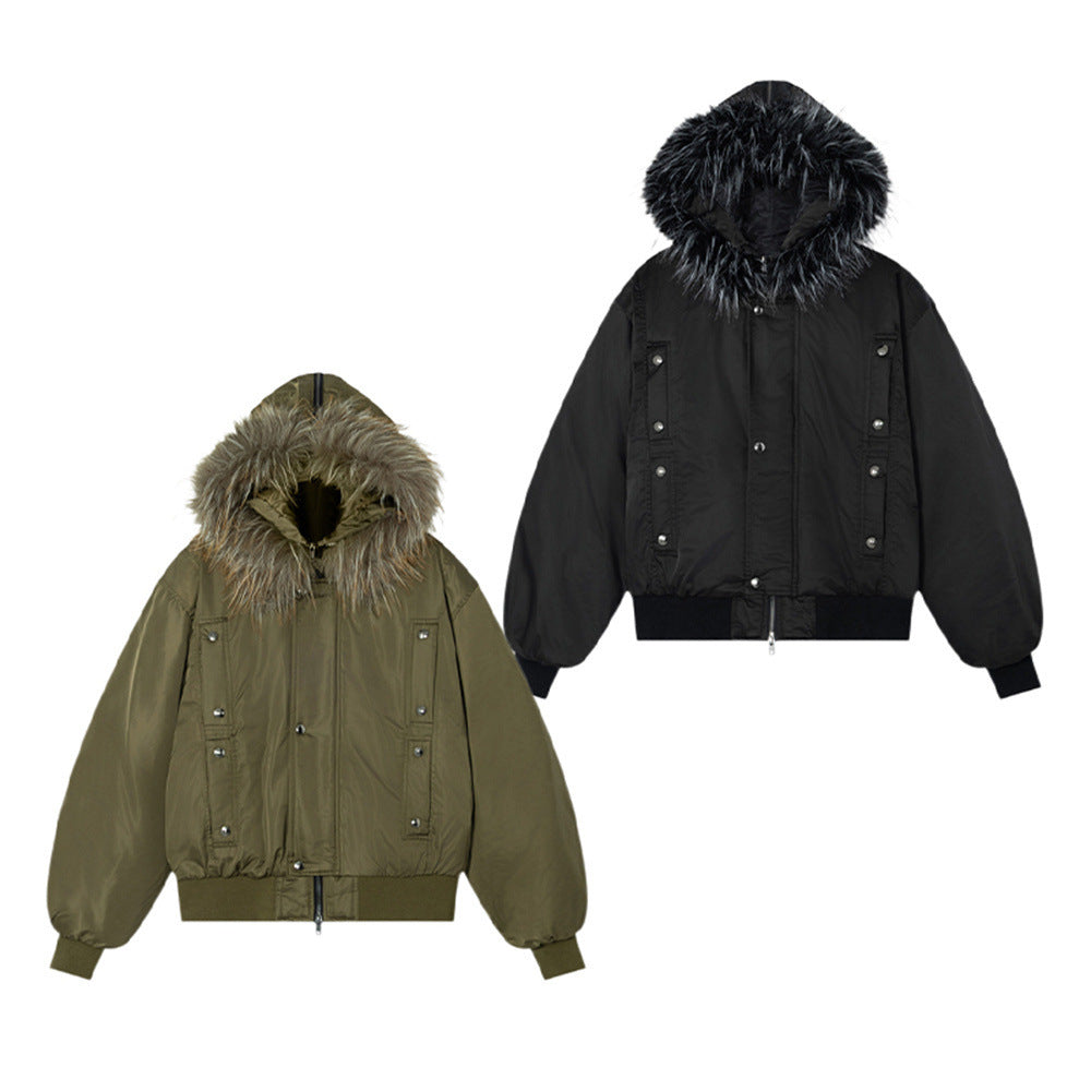 Veste bomber à capuche bordée de fourrure – Manteau d’hiver à poches multiples et double fermeture zippée