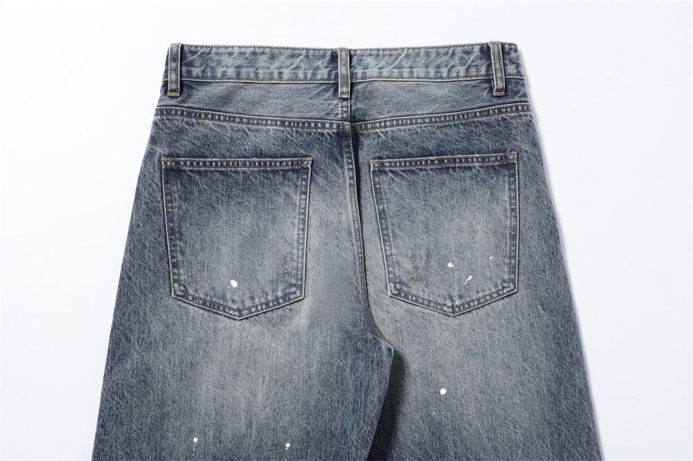 Wide-Leg Baggy Jeans – Vintage Wash, Paint Splatter & Distressed Hem