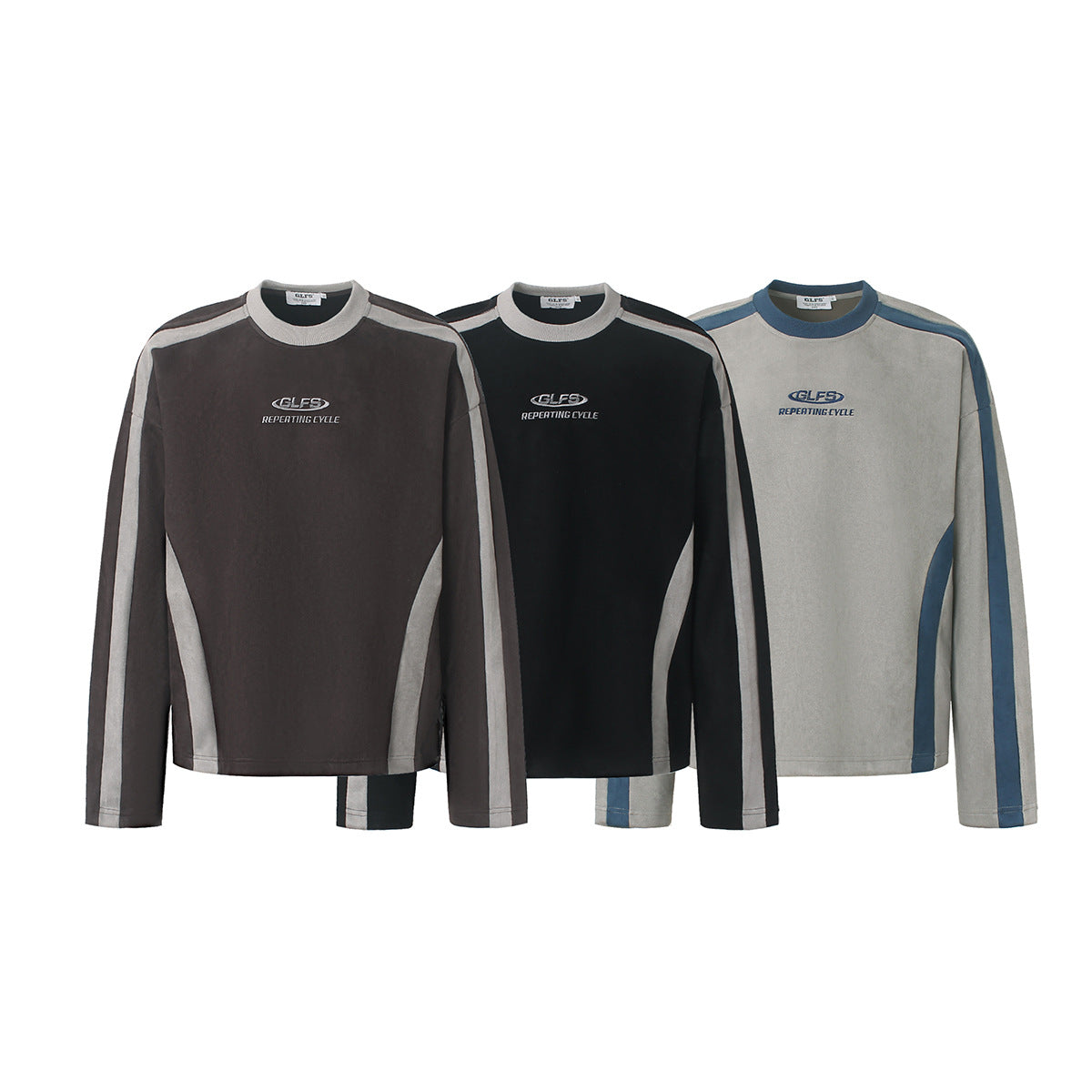 GLFS Colorblock-Langarmshirt mit wiederkehrendem Zyklusmotiv – Streetwear mit Kontrasteinsätzen