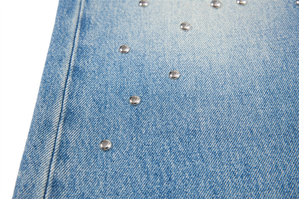 Men's Distressed Wide-Leg Flare Jeans with Stud Details – Washed Blue