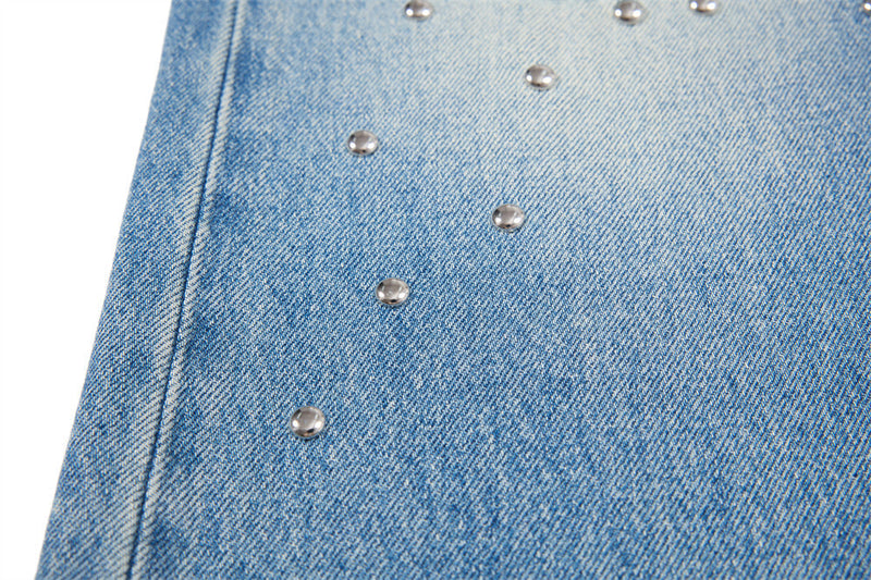 Men's Distressed Wide-Leg Flare Jeans with Stud Details – Washed Blue