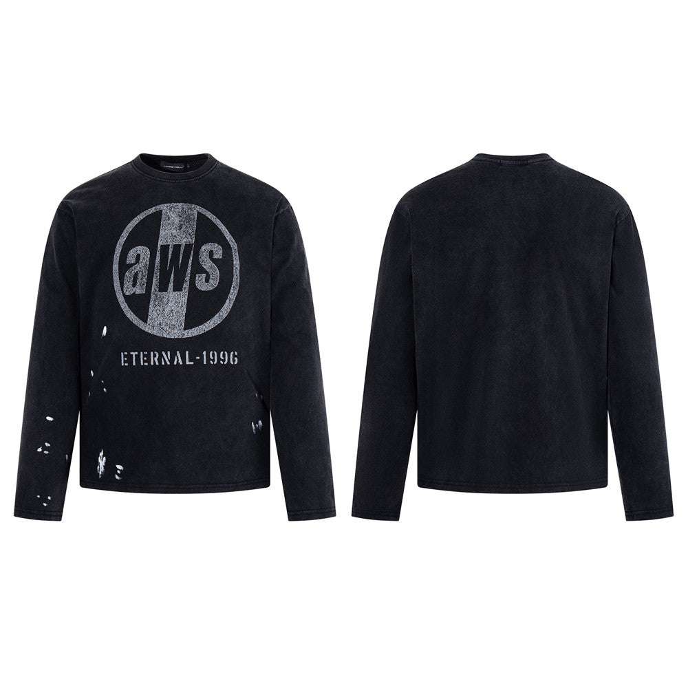Washed black long sleeve graphic tee with distressed AWS Eternal-1996 circle print and paint-splatter detailing, front and ba
