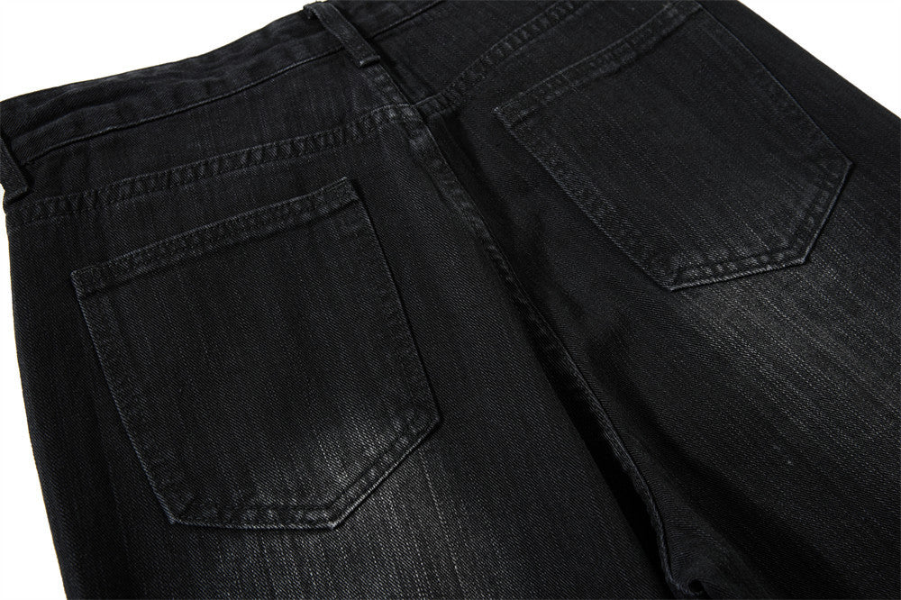 Wide-Leg Jeans Men – Washed Denim, Rhinestone Cross & Paint Splatter Detail