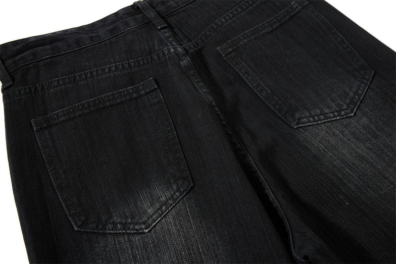 Wide-Leg Jeans Men – Washed Denim, Rhinestone Cross & Paint Splatter Detail