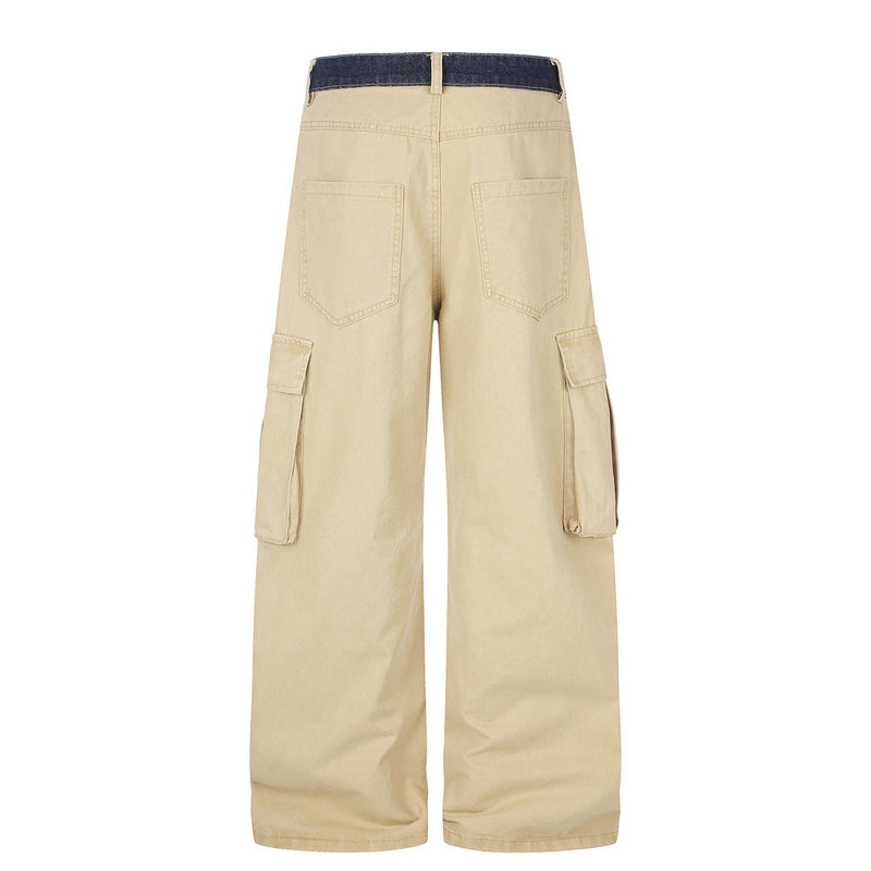Herren-Cargohose in Khaki mit weitem, geradem Bein und kontrastierendem Denim-Bund