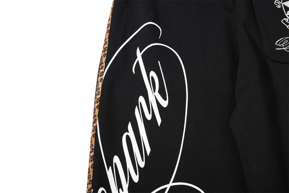 Dark Streetwear Wide-Leg Sweatpants with Leopard Side Tape & Script Print