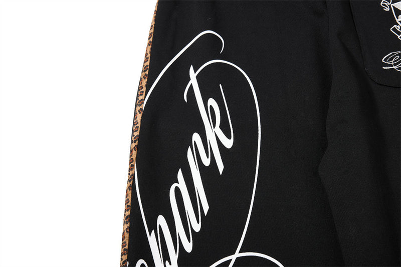 Dark Streetwear Wide-Leg Sweatpants with Leopard Side Tape & Script Print