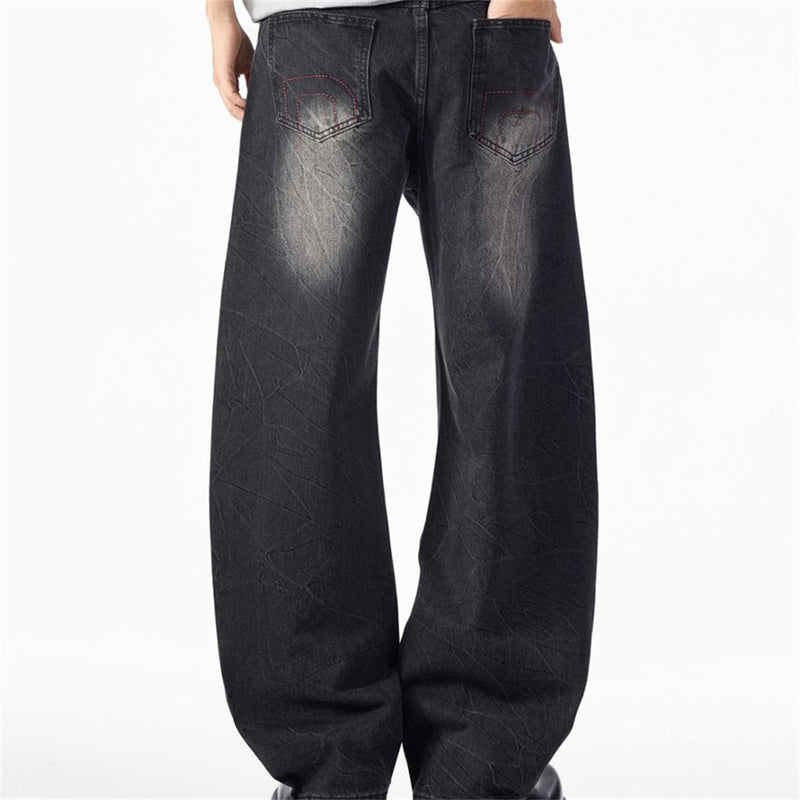 Men's Wide-Leg Baggy Jeans – Washed Black Rhinestone Embellished Denim