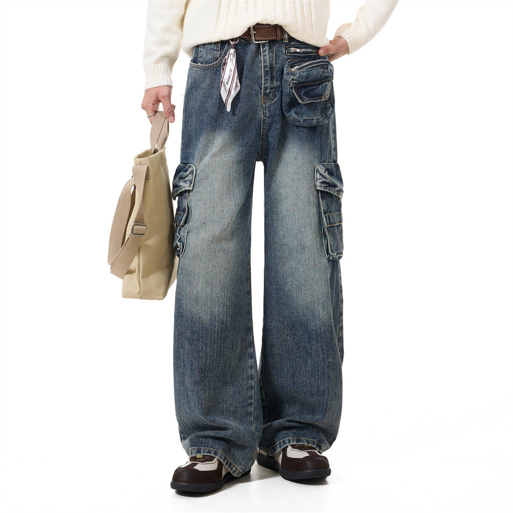 Vaqueros cargo de pierna ancha para hombre con diseño de múltiples bolsillos, en denim azul lavado vintage