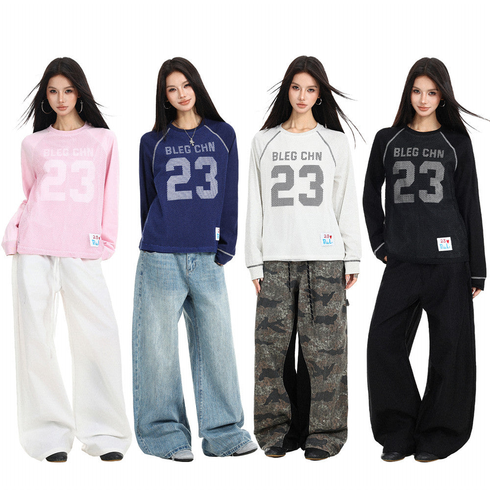 Men's long sleeve number 23 mesh graphic raglan tee in white, pink, navy, and dark grey