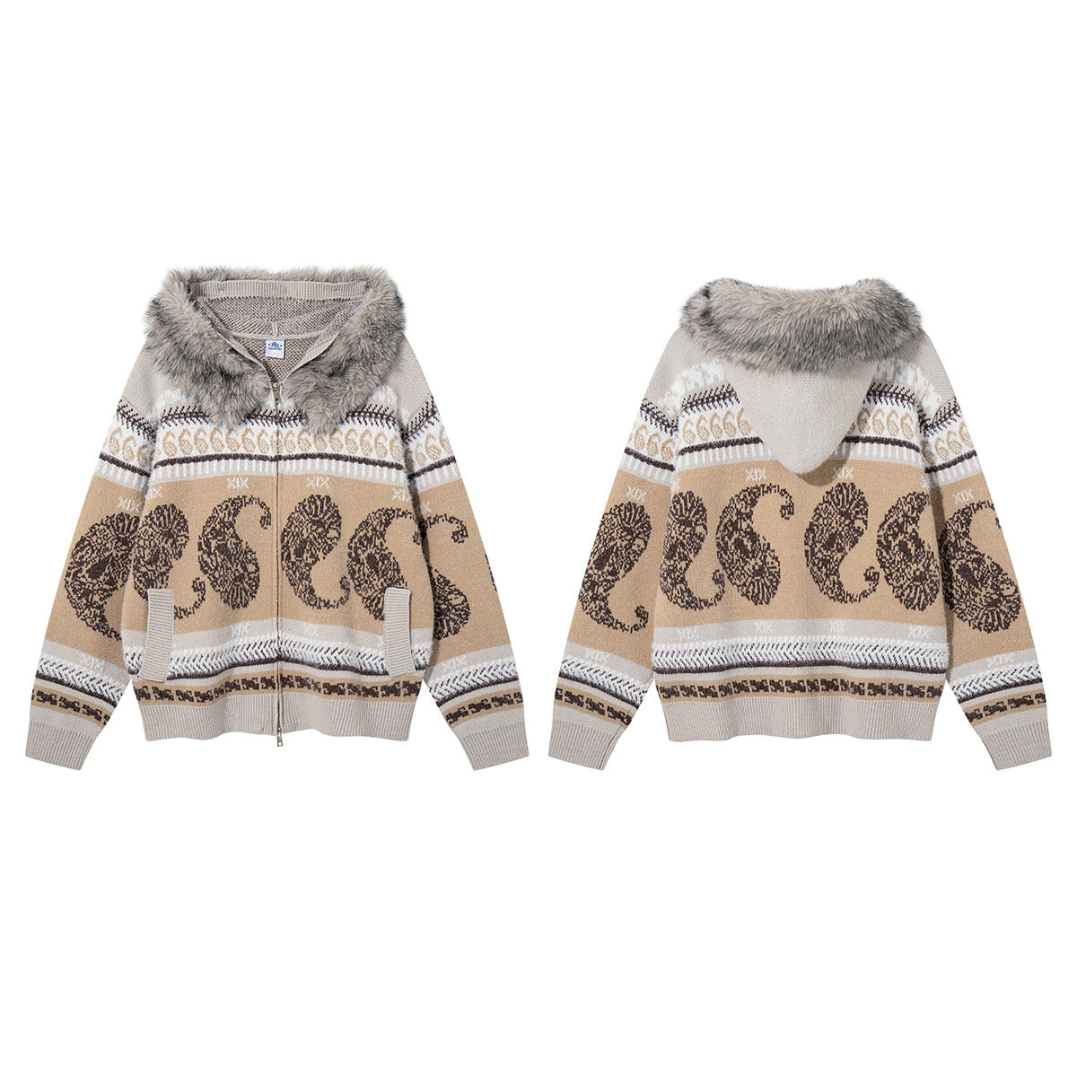 Paisley Fair Isle Knit Zip-Up Hoodie with Faux Fur Trim