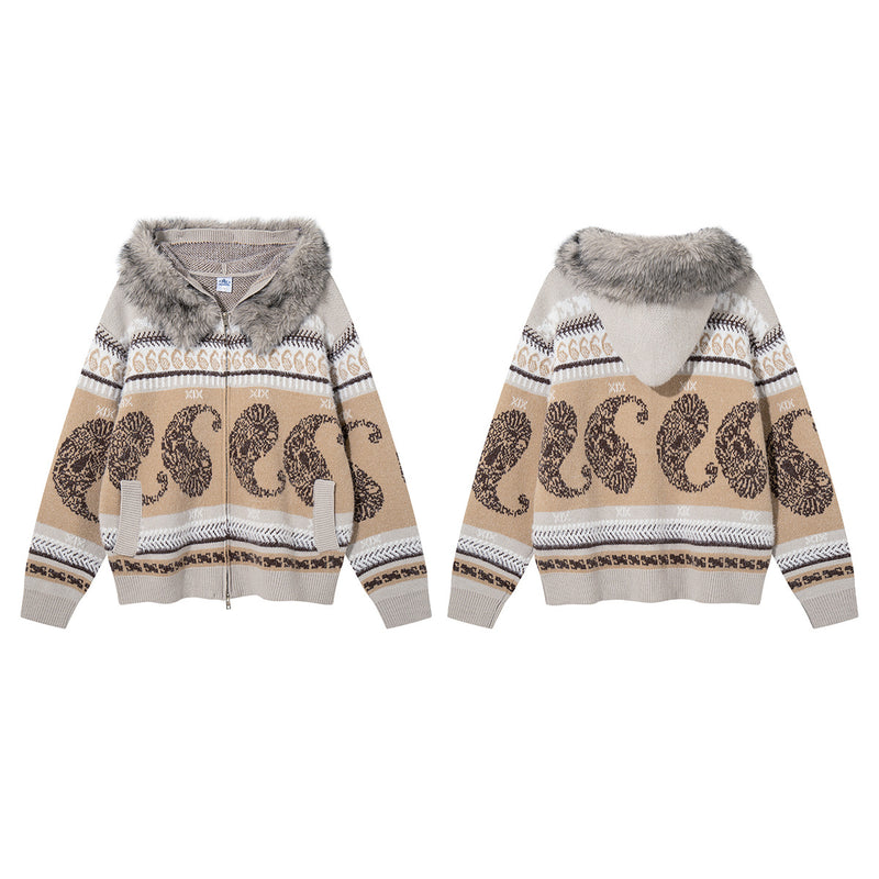 Paisley Fair Isle Knit Zip-Up Hoodie with Faux Fur Trim