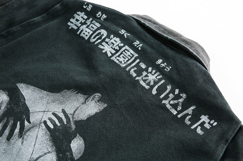 Veste workwear en toile délavée à l'acide – Imprimé graphique japonais, finition usée