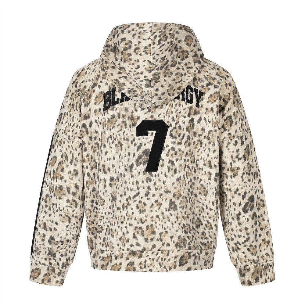 Embroidered Zip Up Hoodie – Leopard Print Streetwear with Side Stripe Detail