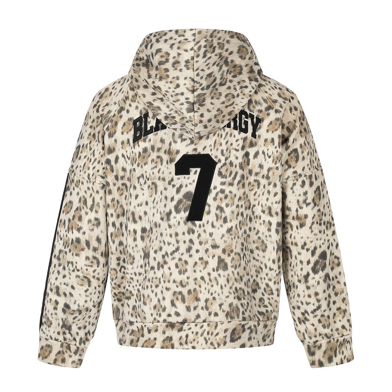 Embroidered Zip Up Hoodie – Leopard Print Streetwear with Side Stripe Detail
