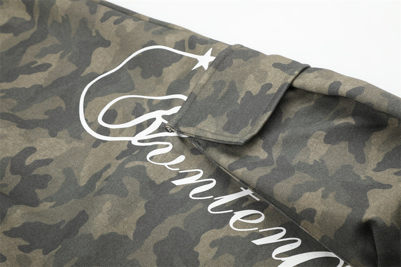Men's Cargo Camo Pants Wide-Leg Baggy Fit with Script Print & Multi-Pocket