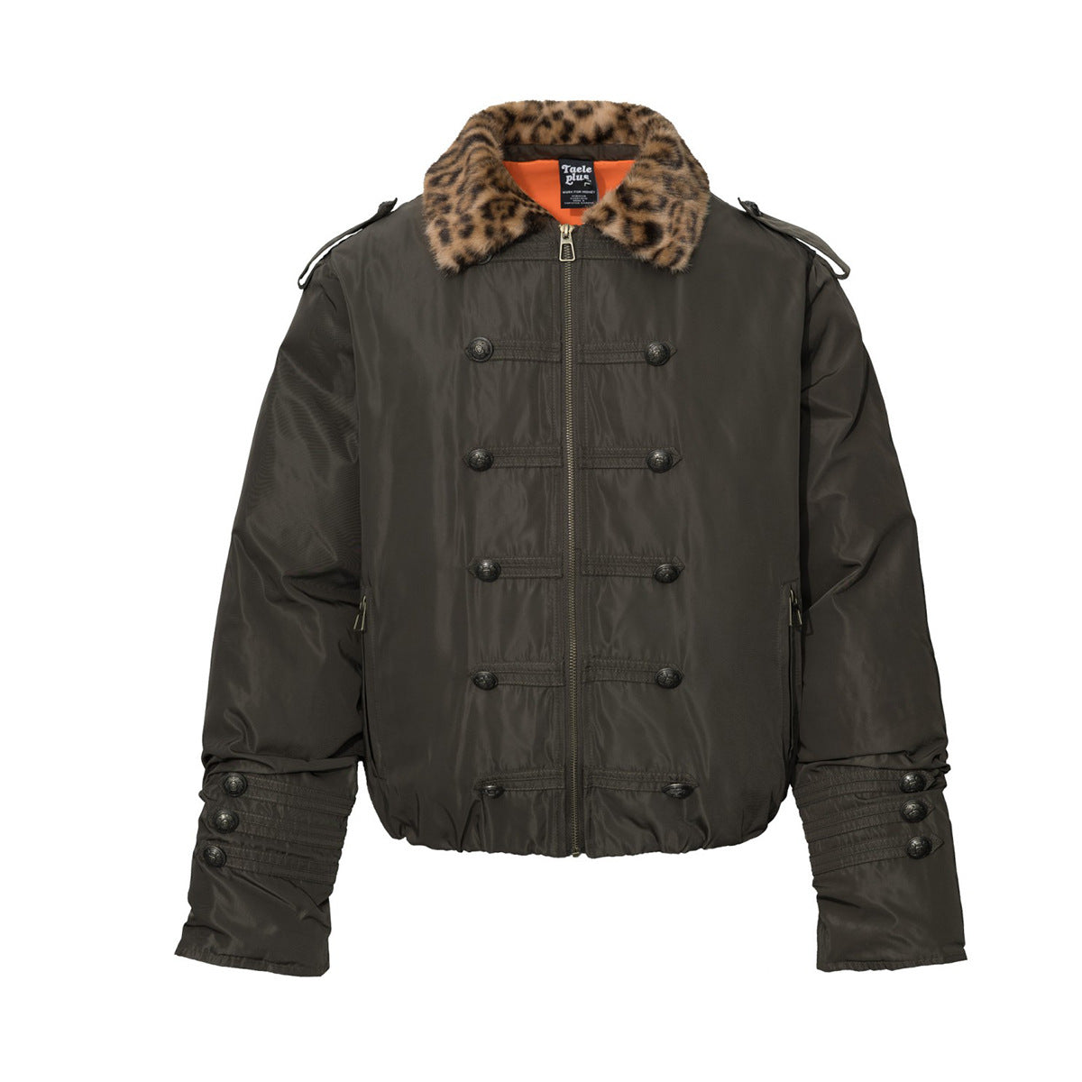 Military Bomber Jacket with Leopard Faux Fur Collar & Double-Breasted Button