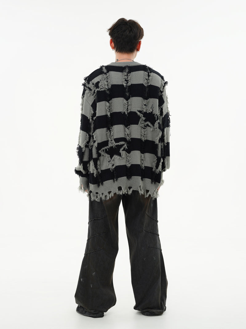 Pull oversize en maille rayée à étoiles délavée – Col rond à franges