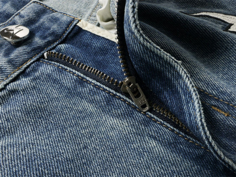 Wide-Leg Jeans with Embroidered Patches – Stars, Butterflies & Roses on Washed