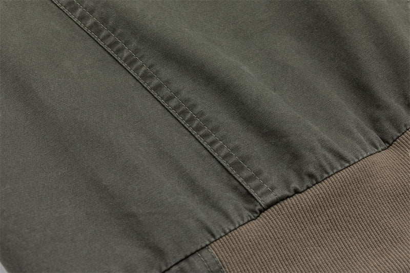 Men's Army Green Vintage Workwear Bomber Jacket – Stand Collar, Zip-Up, Ribbed