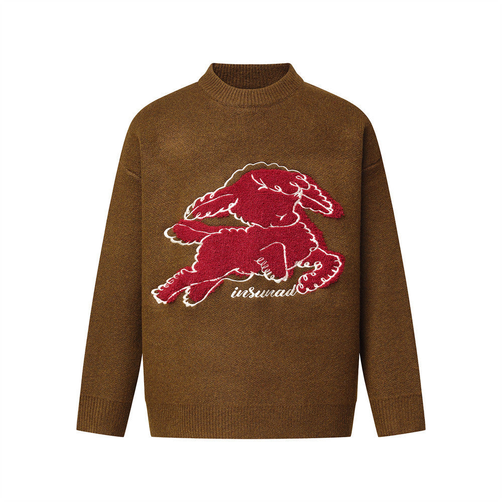 Men's Mock Neck Sweater with Lamb Flocked Graphic – Relaxed Fit Knit