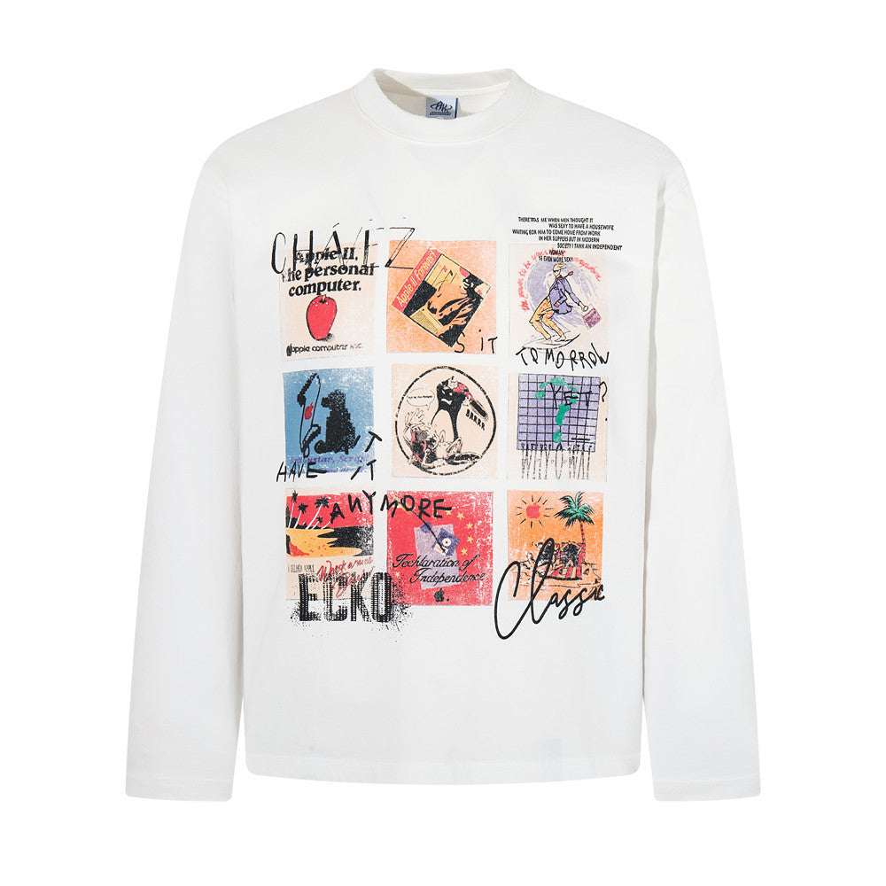T-shirt graphique homme à manches longues – Imprimé collage en neuf panneaux, col rond décontracté