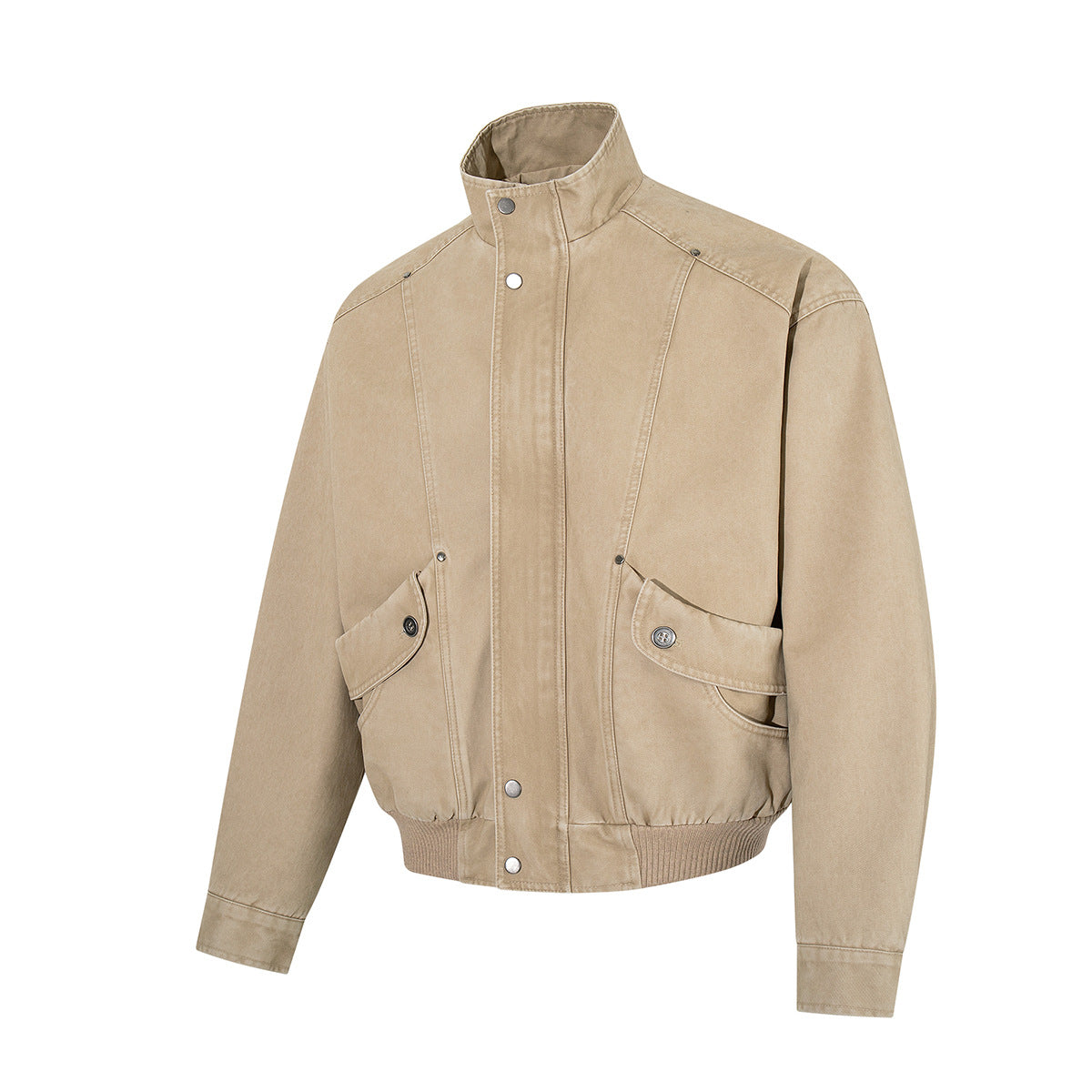 Blouson bomber kaki délavé – Col montant, boutons-pression et poches cargo