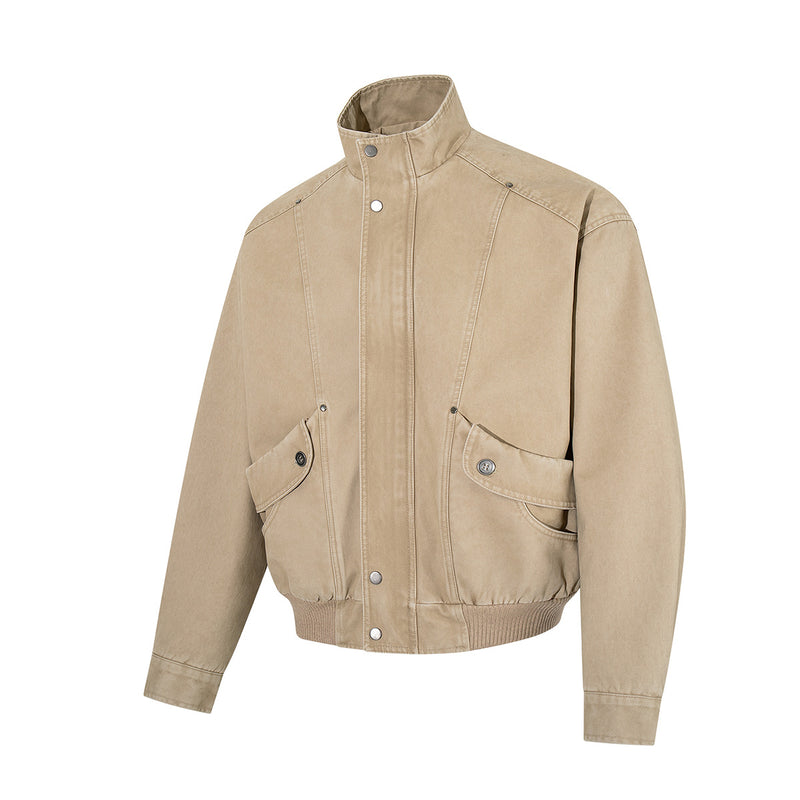 Blouson bomber kaki délavé – Col montant, boutons-pression et poches cargo