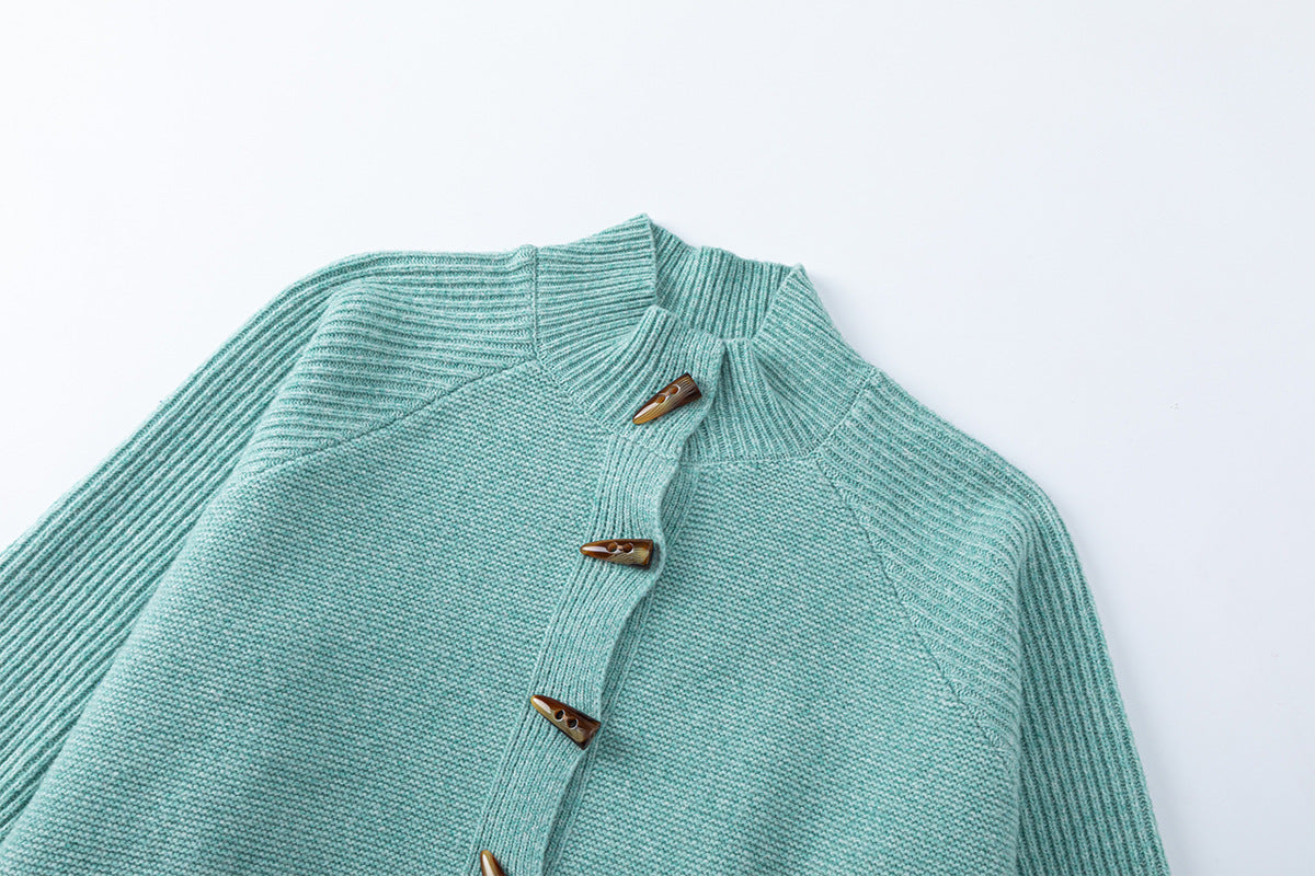Mock Neck Knit Cardigan Sweater with Toggle Buttons