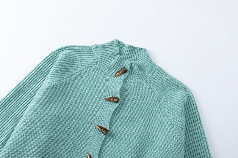 Mock Neck Knit Cardigan Sweater with Toggle Buttons