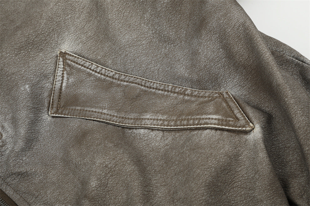 Men's Distressed Bomber Jacket with Faux Fur Collar – Padded Stand-Collar