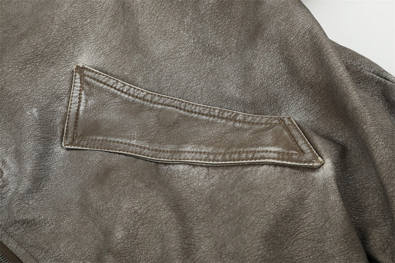 Men's Distressed Bomber Jacket with Faux Fur Collar – Padded Stand-Collar