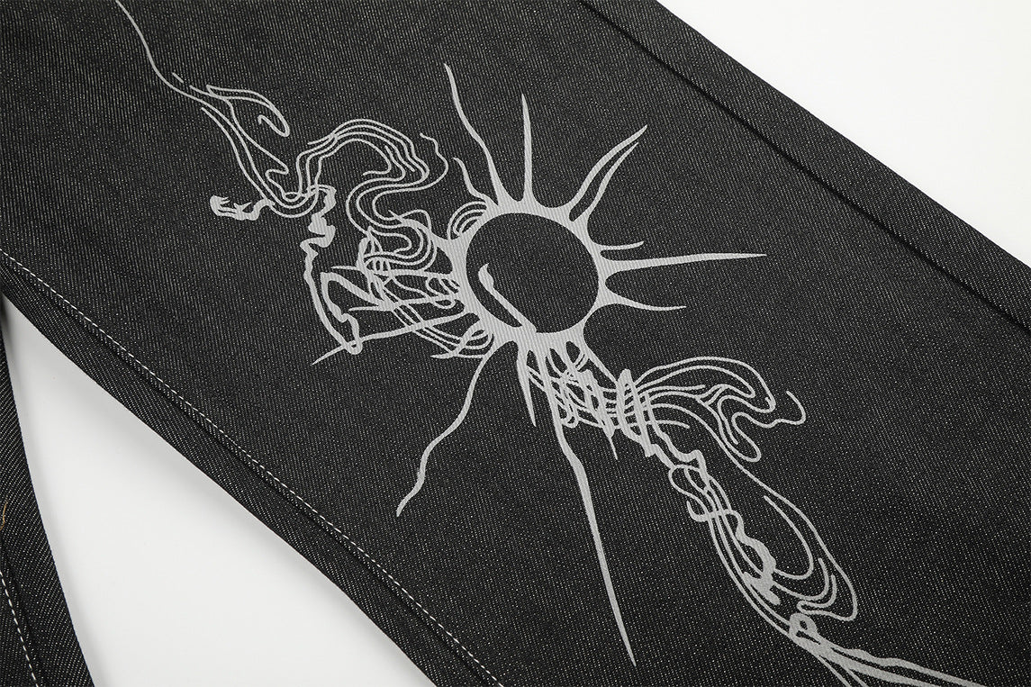 Wide-Leg Baggy Jeans – Skeleton Horse & Sun Embroidery, Dark Wash Black Denim