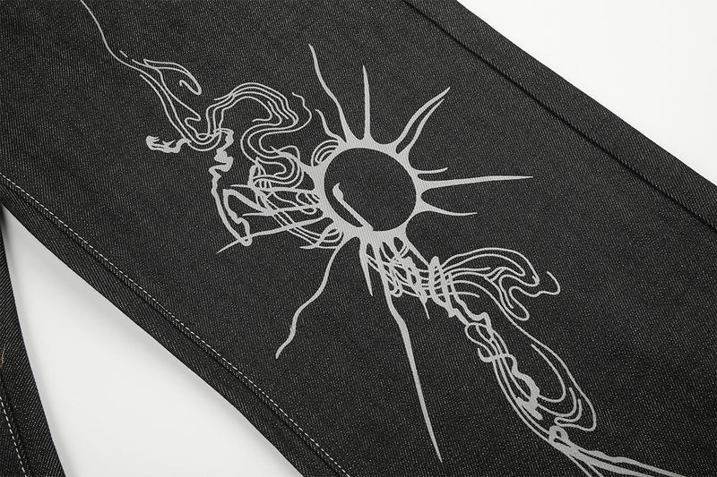 Wide-Leg Baggy Jeans – Skeleton Horse & Sun Embroidery, Dark Wash Black Denim