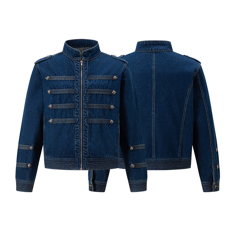 Veste en jean bleu foncé à col montant style militaire avec boutons décoratifs