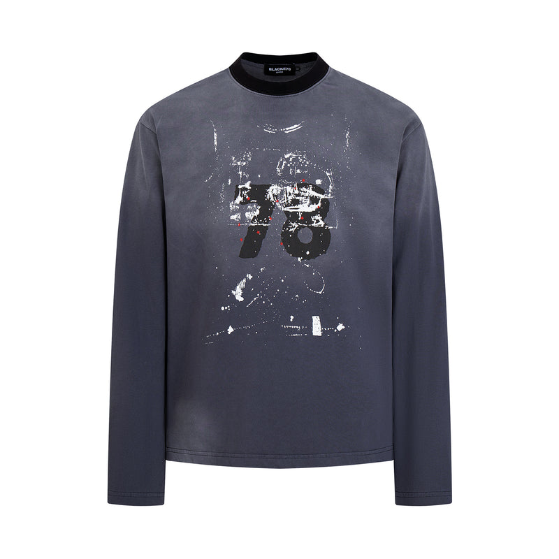 T-shirt gris à manches longues – Imprimé graffiti vintage délavé streetwear à col rond