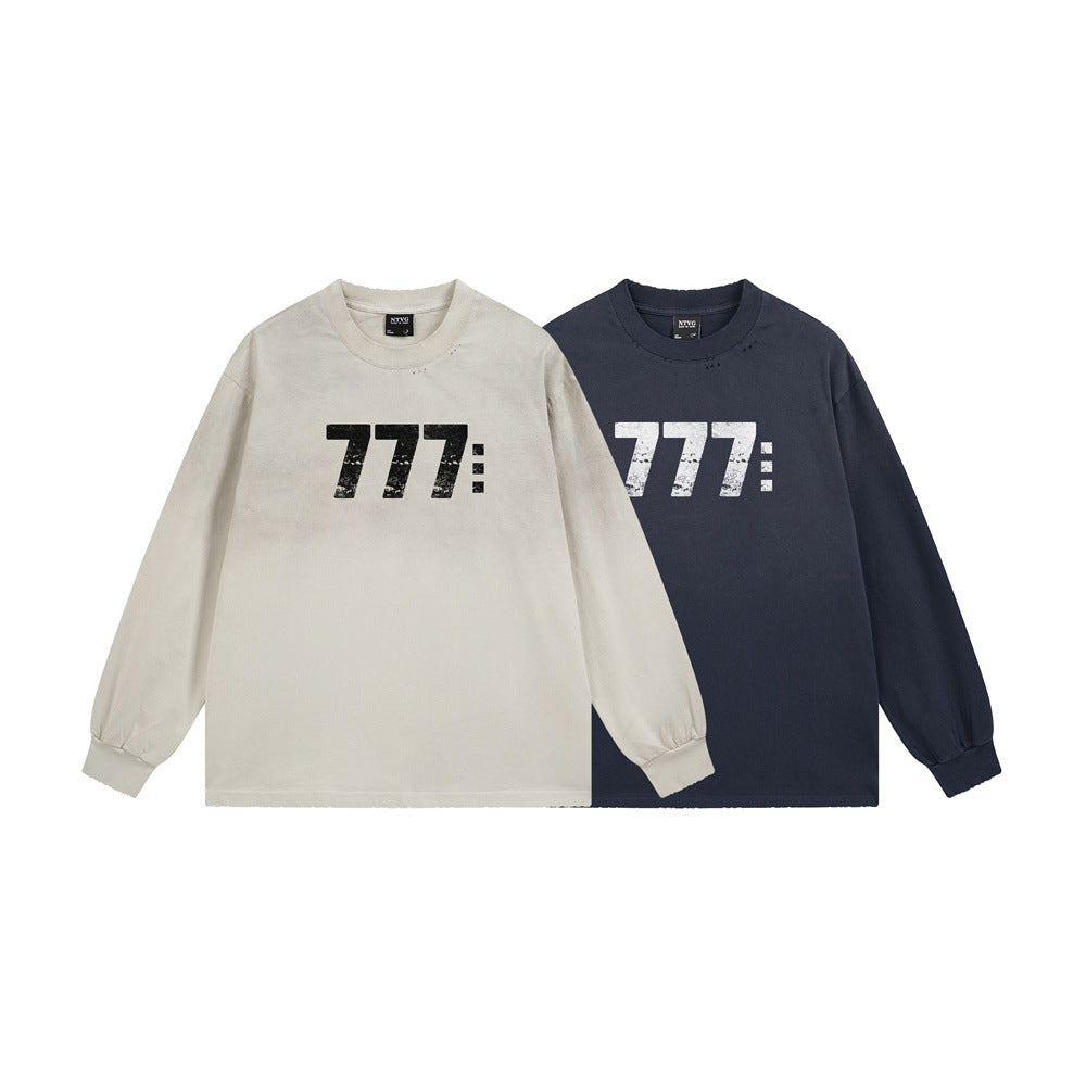 Langarmshirt mit 777-Zahlendruck – Used-Look-Rundhals-Streetwearshirt
