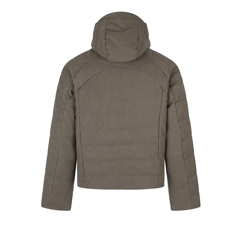 Hooded Quilted Puffer Jacket – Ribbed Panel Down Coat in Olive & Black