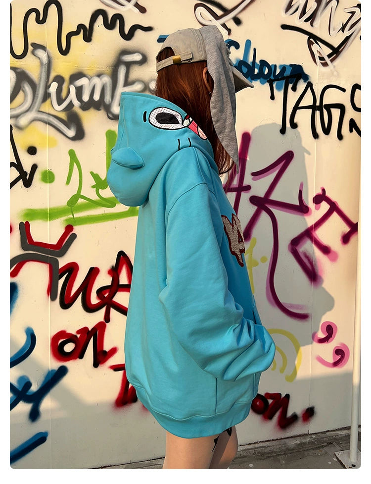 Adorable Blue Cartoon Hoodie - 400GSM Cotton with Playful Face Design