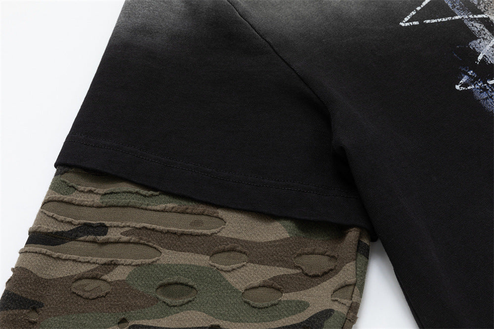 Oversized Faux-Layer Long Sleeve Tee with Camo Splice & Distressed Washed Print